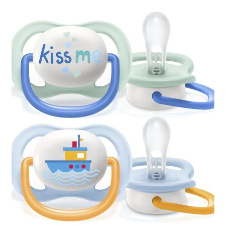 Avent Пустышка силиконовая Ultra Air Lime (Kiss me/Кораблик) для мальчика 0-6мес 2шт