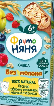 ФрутоНяня Кашка Безмолочная Овсяная с Яблоко, Земляника, Малина и Черника с Пребиотиками {с 6 мес} 0,2л