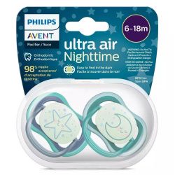 Avent Пустышка силиконовая ночная Ultra Air для мальчика 6-18мес 2шт